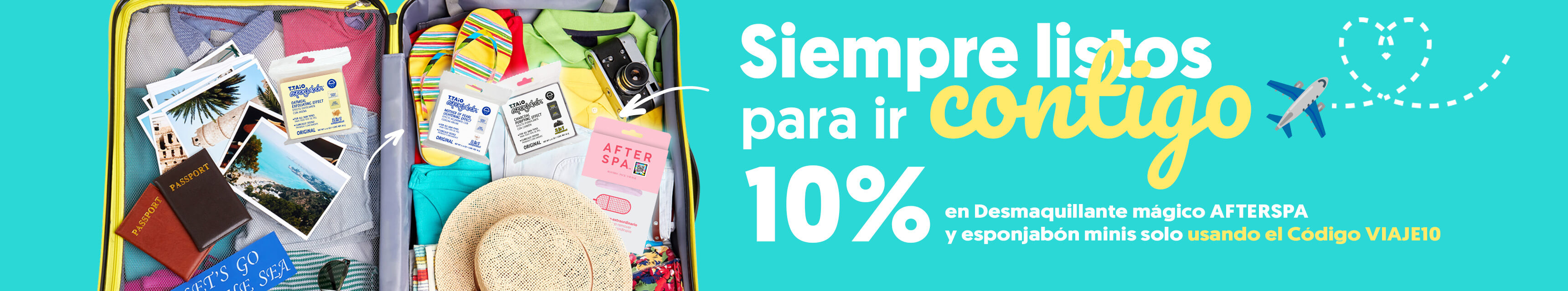 10% de descuento en Desmaquillante mágico AFTERSPA y esponjabón minis solo usando el Código VIAJE10